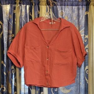 Love Notes Orange/Coral Boxy Button Down Crop Size Large